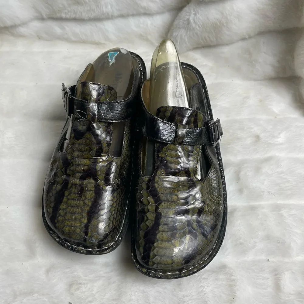 Alegria leather olive green and black snake skin print clogs side buckle…
